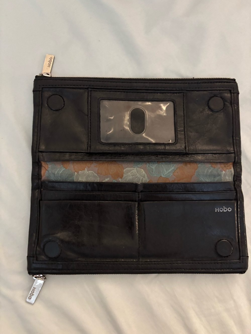 HOBO Taylor Soft Black Leather Bi Fold Wallet Clutch Bag Floral Lining